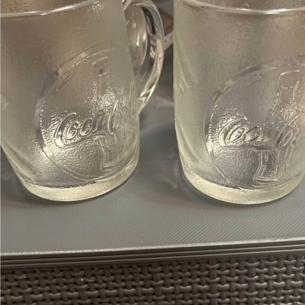 Coca Cola Frosted Glass Mugs - Clear. Set of four.